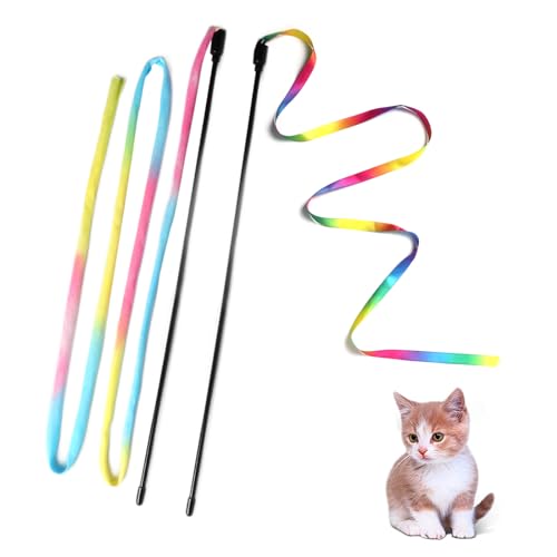 M JJYPET Cat Wand Toys Interactive Kitten Toys for Indoor Cats Colorful Teaser Wand String for Exercise Kitten Stick Kitty Rope Toy Rainbow Ribbon Cat Charmer -2Pcs