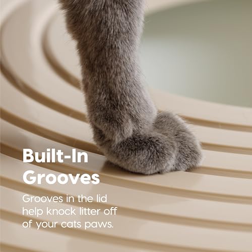 IRIS USA Cat Litter Box Large Top Entry with Lid Enclosed Covered Hooded Design Litter Catching Scatter Shield Pan Dog Proof Pet Proof Scoop Included Odor Control for Indoor Cats Kittens Beige/White