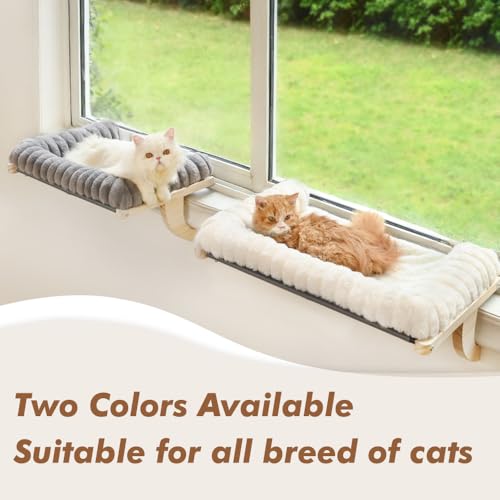 valigogo Cloud-Soft Cat Window Sill Perch with Zipper Designed Cushioned Bed, Supportive Cat Window Seat with Premium Solid Wood & Sturdy Metal Frame, Pet Hammock Bed for Large Cats (Large, White)