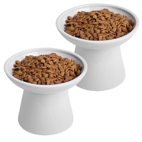 KITCHENLESTAR 6.2 Inch Extra Wide Elevated Ceramic Cat Bowls, Food and Water Bowl Set for Elder Big Cats Small Dogs, Raised Design for Pet Easy Eating, Protect Cat's Spine Set of 2(White)