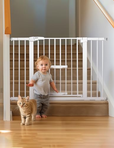 Babelio 29-48" Extra Wide Baby Gate with Cat Door, Auto Close Metal Pet Door for Stairs, Doorways, House, Pressure/Hardware Mounted, Easy Walk Thru, White