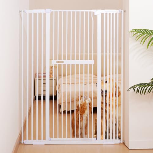 No Pawblems 55.1" Extra Tall Pet Gate for Cat/Dog, 29.9-44.4" Wide Auto Close Tall Cat Gate, NO Drilling Pressure Mounted for Doorways/Hallways, 1.37" Narrower Bar Spacing, White