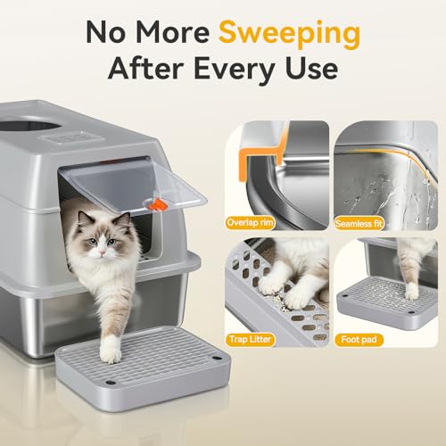 Tevila Extra Large Stainless Steel Litter Box with Lid, High Sided Enclosed Metal Cat Litter Pan, Dog Proof Front Entry Top Exit, Odor Control Easy Clean Leak Proof, Includes Scoop & Step, Light Gray