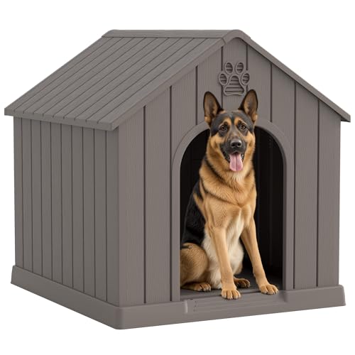 Fancyango Large Dog House Outdoor Indoor for Medium Large Dogs, Sturdy Plastic Waterproof Doghouse with Air Vents and Elevated Floor, Easy Clean and Assemble (Grey, 36.2''L×38''W×38''H)