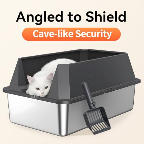TEVILA Stainless Steel Litter Box with High Sides, XL High Sided Cat Litter Pan, Open Top Extra Large Metal Cat Litter Box, Non-Stick, Odor Free, Leakproof, Scoop Included, Gray
