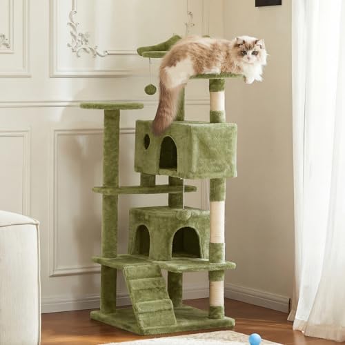 Sweetcrispy 54 Inch Cats Tree Tower, Multi-Level with Cat Scratching Post, Indoor Cat Condo with Climbing Ladder, Plush Toy, Play House for Cats, Green