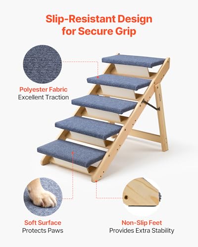 VEVOR Wood Pet Stairs, 5-Step Dog Stairs for Beds, Sofa & Cars, 150lbs Load Capacity, Floded Flat Design, Stable & Sturdy Cat & Dog Step Ladder for Small Medium Large Older Pet Puppy Essentials