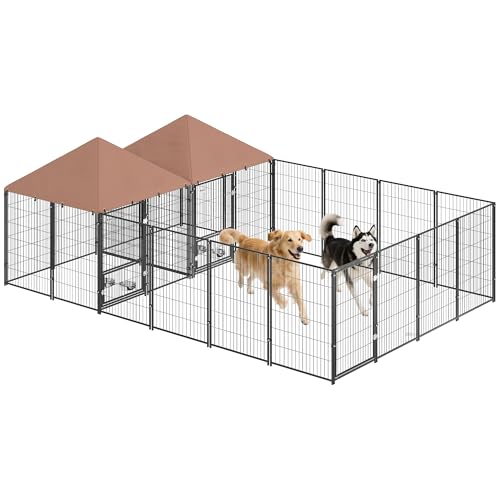 PawHut Dog Kennel Outside with 2 Rooms, Large Outdoor Dog Kennel Run for Large Breeds, Chickens, Ducks, with Rotating and Adjustable Height Bowls, Waterproof UV-Resistant Canopy, 13.5' x 9.5' x 5'