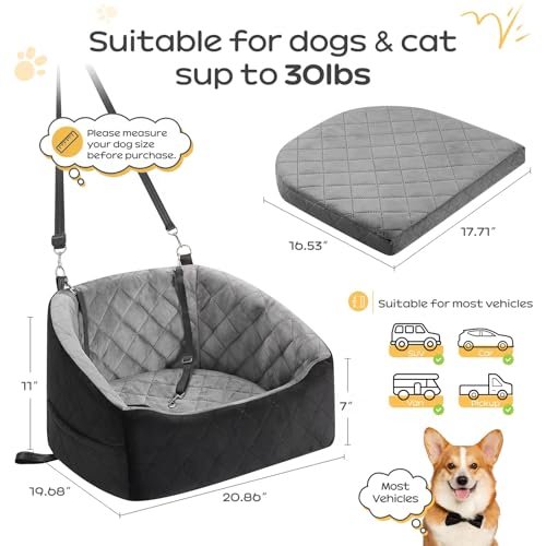 KANGREST Dog Car Seat for Small Dogs Up to 30 Lbs, Pet Travel Safety Bed for Puppy Cat, Fits in Front/Back Seat, Anti Slip Base, Fully Detachable Washable with 2 Safety Tether(Grey-Black)