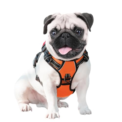 PHOEPET No Pull Dog Harness Medium Reflective Front Clip Vest with Handle,Adjustable 2 Metal Rings 3 Buckles,[Easy to Put on & Take Off](M, Orange)