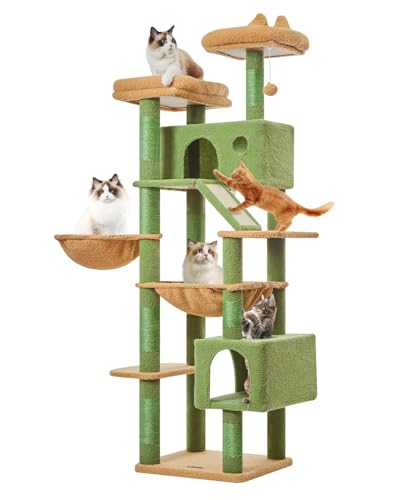 Taoqimiao Cactus Cat Tree, 71-Inch Cat Tower for Indoor Cats Large Adult, Multi-Level Large Cat Condo, 8 Sisal Scratching Posts, Metal Frame Cozy Hammock, Scratch Board, 2 Top Perches, MSC026L