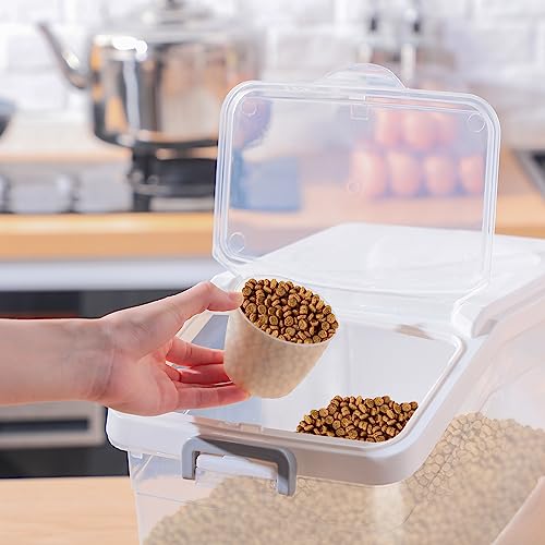 Sunnyray 4 Pcs Rice Storage Container 22 lb Airtight Flour Container with Wheels Measuring Cup Clear Pet Food Cube Dog Cat Birds Food Bin Grain Cereal Organizer Box for Dry Baking Supplies(White Lid)