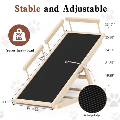 Chuiendi Dog Ramp for High Bed, Couch, Car, Pet Ramps 55.12" Long Adjustable 19.3"-27.17" Wooden Dog Step with Anti-slip Rubber Mat & Safety Side Rails for Small Medium Large Older Pets, up to 250 lbs