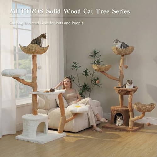 MUTTROS 59" Modern Cat Tree Tower for Large Cats w/2 Flower Perches-Natural Solid Wood Scratching Post with Real Branch-Luxury Boho Cat Furniture w/Condo & Wicker Basket Bed, Cloud White