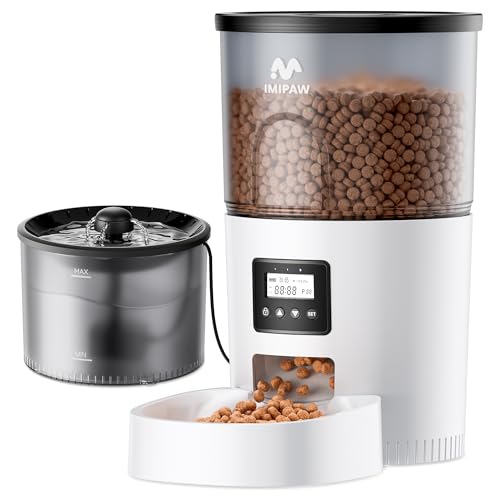 IMIPAW Automatic Cat Feeder and Water Fountain, Timed Dry Food Dispenser, Programmable Portion Control, 1-6 Meals Per Day, Desiccant Bag, Cat Fountains for Drinking with Filter, Small Pets (3L Combo)