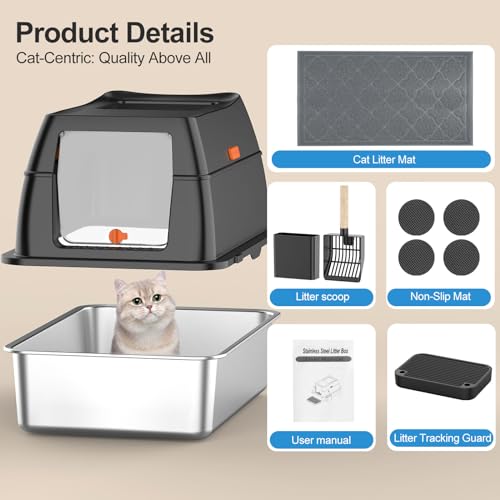 Stainless Steel Litter Box with Lid,Front Entry Top Exit Kitty LitterBox,Extra Large Enclosed Metal Cat Box with Litter Scoop & Litter Mat-Black