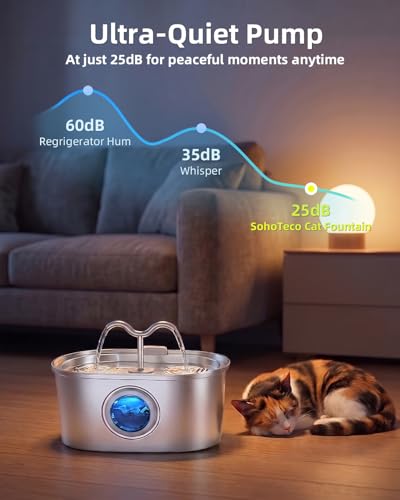 Stainless Steel Cat Water Fountain, 108oz/3.2L Pet Water Fountain for Cats Indoor, with Dual Spouts for Multiple Cats, Ultra-Quiet Automatic Dog Water Dispenser, 3 Replacement Filters Included