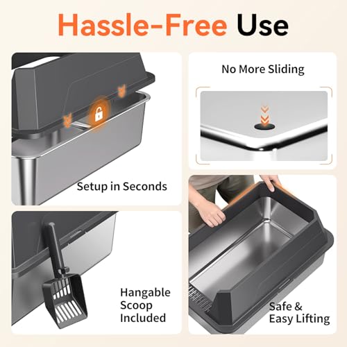 TEVILA Stainless Steel Litter Box with High Sides, XL High Sided Cat Litter Pan, Open Top Extra Large Metal Cat Litter Box, Non-Stick, Odor Free, Leakproof, Scoop Included, Gray