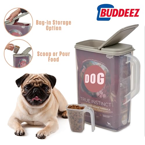 Buddeez Pet Food Storage Container - 8 Quart Capacity Dog / Cat Food & Bird Seed Container with Durable EZ Grip Handle, Flip Gray Lid (includes 1 Cup Clear Scoop)