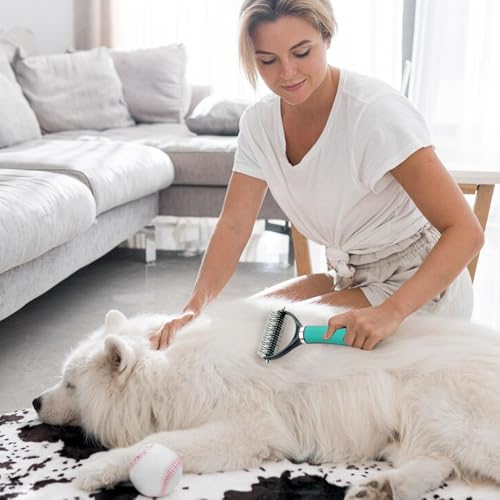 Pet Grooming Brush, 2026 New Multifunctional Double-Sided Undercoat Rake for dogs, Durable Dematting Tool for long haired cats, Easy Grip Fur Remover Comb for home use (Green)