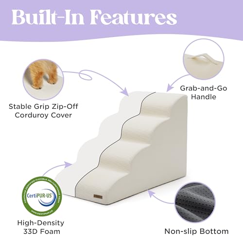 LE SURE Dog Stairs for Small Dogs Pet Steps Ramp for High Bed and Couch with CertiPUR-US Certified Foam with Non-Slip Bottom, Beige, 4 Steps