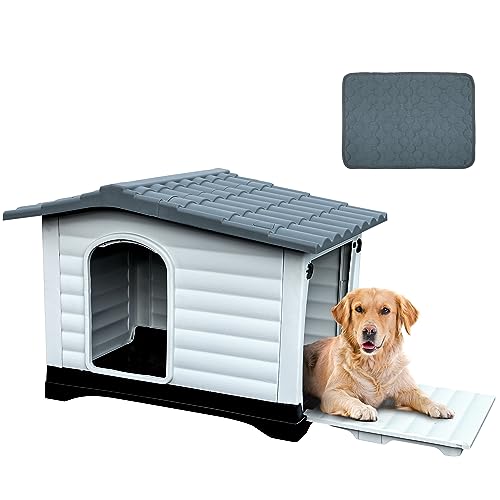 DWVO 2-Door Large Dog House with Elevated Base & Cushion, Weather-Resistance Dog Bed House for Indoor/Outdoor Use, Easy Assembly Pet House for Small to Large Dogs (43.7''L x 33''W x 31.6''H)
