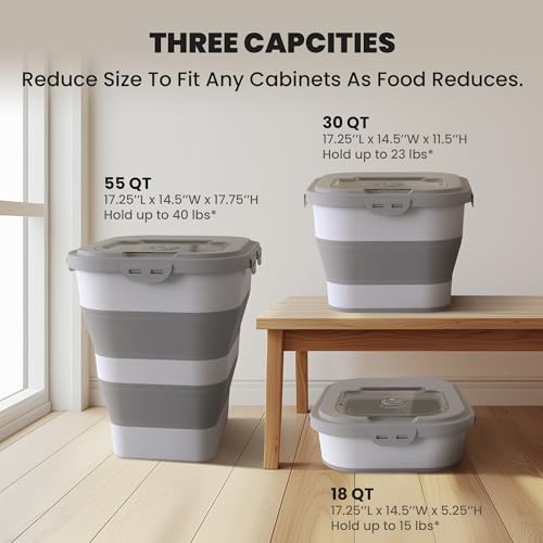 DDMOMMY 35-40 Lbs Airtight Dog Food Storage Container, Collapsible Dog Food Container with Lid, Wheels, Date Track, Large Pet food storage Container for Rice,Flour,Sugar,Dog Food Scoop,2PCS Containers