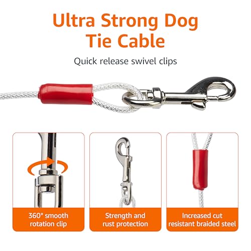 Amazon Basics Rust-Free Steel Wire Tie-Out Cable for Large Dogs up to 90 lbs, Dog Leash Run Tether, 25 feet, White