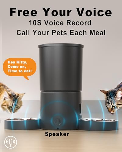 Automatic Cat Feeder 2 Cats, 4.2L Dry Food Auto Dispenser with Double Bowls,Dual Power Supply,Programmable Portion Control,10s Voice Recorder(Black,Stainless Steel Bowls) (Pure Black)