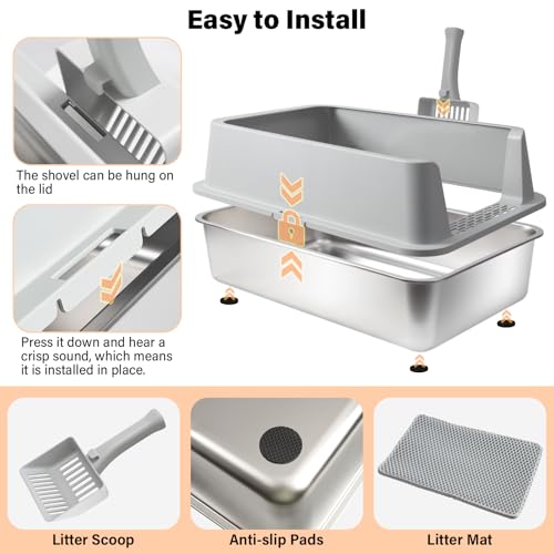 Stainless Steel Cat Litter Box with Lid, Large Metal Litter Box Stainless Steel with Mat & Scoop, Odor-Free/Anti-Leakage & Non-Stick/Easy Clean, High-Sided Litter Box for Multiple Big Cats(XL/Grey)