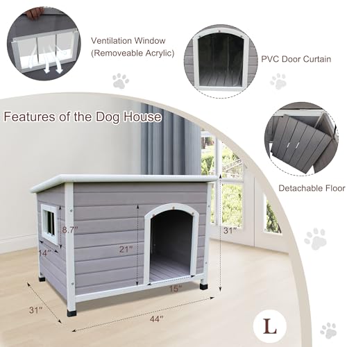 Rockever Waterproof Large Dog Houses Outdoor Indoor, 44" Wooden Elevated Outdoor Dog Houses with Window for Small to Large Sized Dogs, Easy Clean and Assemble