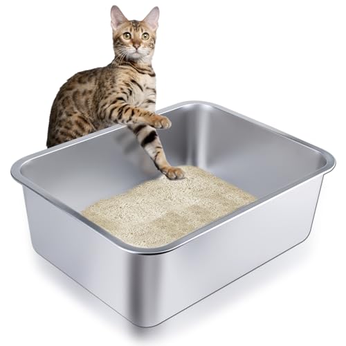Stainless Steel Cat Litter Box - Large Metal High-Sided Pan for Cats, Pets, Non-Stick, Odor-Free, Easy to Clean, Splash-Proof, Durable (17.7" L x 13.8" W x 6" H)