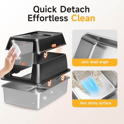 Tevila Extra Large Stainless Steel Litter Box with Lid, High Sided Enclosed Metal Cat Litter Pan, Dog Proof Front Entry Top Exit, Odor Control Easy Clean Leak Proof, Includes Scoop & Step, Black