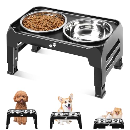 COMESOON Elevated Dog Bowls for Small Medium Dogs, 3 Height Adjustable Raised Stand with 2 Thick 6" Stainless Steel Food Bowls, Non-Slip Feeder Adjusts to 2.75", 6", 7.5", Black
