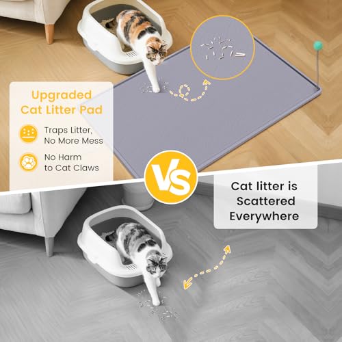 Silicone Cat Litter Mat with Toy, 38x25 Inch Large - Waterproof, Easy Clean Trapping Mat for Kitty Litter Box, Non-Slip Litter Box mat for Hardwood Floors & Carpet Protection (Grey)