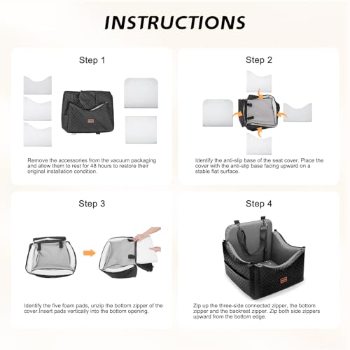 JOEJOY Dog Car Seats for Small Medium Dogs, Wipe Clean Waterproof Detachable PU Leather Cover, Thickened 2 inch Memory Foam Pet Car Seat with Safety Belt and Storage Pockets(No Cushion)