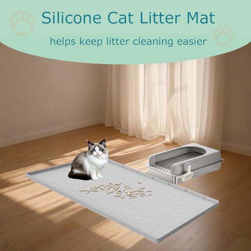 Jacooxi Cat Litter Mat for Litter Box, Silicone Large Cat Litter Trapping Mat - 34x22 in, Waterproof & Non-Slip, Durable & Easy Clean, Light Gray