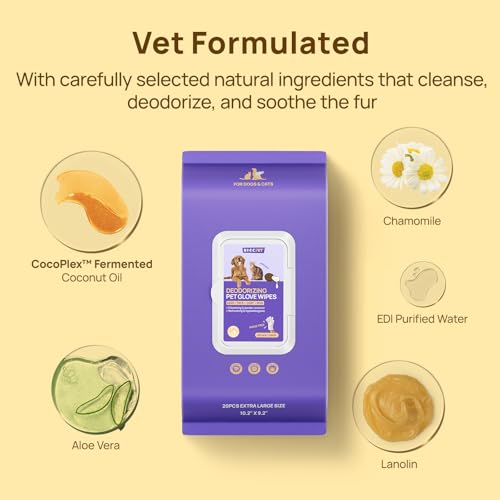 HICC PET Cleaning Deodorizing Glove Wipes for Dogs & Cats, Vet Recommended Hypoallergenic Hydrating & Nourish Fur Pet Grooming Glove Wipes, Pet Bathing Wipes for Horse Coat Care,20pcs Coconut Scent