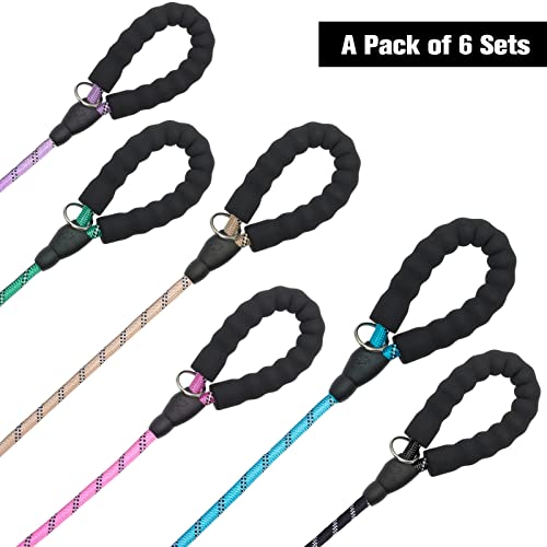BEAUTYZOO Heavy Duty Rope Dog Leash 6 Pack, 6FT Nylon Pet Leash with Reflective Thread, Soft Padded Handle Thick Lead Leash for Large Medium Dogs Small Puppy,3/8inch X 5 FT (18~120 lbs)