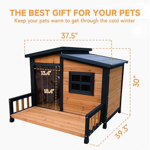 WHEGETED Large Dog House Outdoor Indoor for Small Medium Large Dog, Wood Insulated Dog Kennel Home with Durable Weatherproof Asphalt Roof and Elevated Floor Outside Shelter Brown 39x37x30 Inches