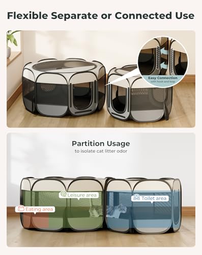 Cat Playpen, 60"x 24" Large Portable Puppy Playpen, 2-Room Foldable Dog Playpen for Indoor Outdoor Dogs, Cats, Small Animals with Carrying Case