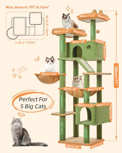 Taoqimiao Cactus Cat Tree, 71-Inch Cat Tower for Indoor Cats Large Adult, Multi-Level Large Cat Condo, 8 Sisal Scratching Posts, Metal Frame Cozy Hammock, Scratch Board, 2 Top Perches, MSC026L