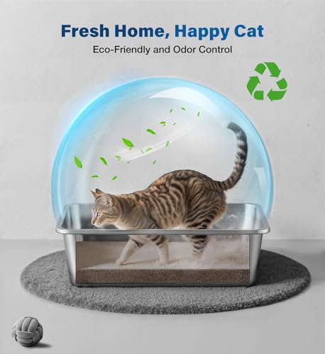 Qiuma Stainless Steel Litter Box, Metal Cat Litter Box with High Sides, Odor-Free, Non-Stick, Easy to Clean, 17.5"×13.6"×5.9", Ideal Size for Small to Medium Cats, Litter Tray