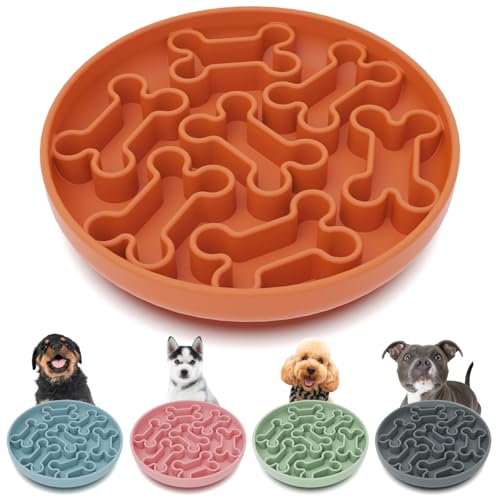 AXEFUN Silicone Slow Feeder Dog Bowl – Orange Bone Pattern | Food-Grade Non-Slip Dog Dish for Anti-Bloat, Fast Eating Prevention, 7.5” x 1.5”, Dishwasher Safe