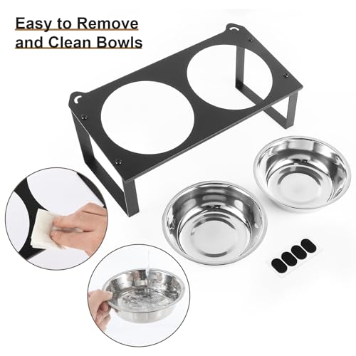 2 Set Elevated Cat Food Water Bowls, 4 Stainless Steel Bowls for Indoor Pet with Cute Metal Stand, 10° Tilted Anti-Vomiting Wide Shallow Raised Cat Dishes Whisker Friendly for Multiple Kitten,Puppy