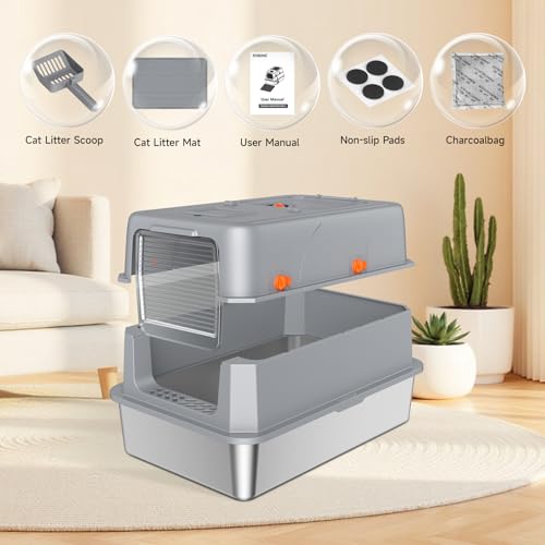 KISENG Stainless Steel Litter Box with Lid, High Sided Enclosed Metal Litter Box for Big Cats, Easy Cleaning Anti-Urine Leakage, Non-Sticky Cat Box, Front Entry Top Exit KittyBox, Includes Mat & Scoop