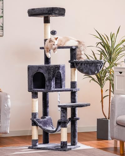 Hey-brother Cat Tree with Large Hammock, Multi-Level Cat Tower for Indoor Cats, Cat Condo with Sisal-Covered Scratching Posts and Top Perch, Smoky Gray MPJ050G