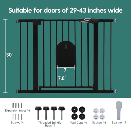 Babelio Auto Close Baby Gate with Cat Door,29-43" Metal Gate for Doorway,Stairs, House,Easy Walk Thru with Pet Door,Includes 4 Wall Cups and 3 Extension Pieces,Black