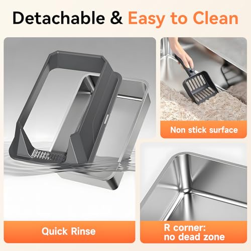 TEVILA Stainless Steel Litter Box with High Sides, XL High Sided Cat Litter Pan, Open Top Extra Large Metal Cat Litter Box, Non-Stick, Odor Free, Leakproof, Scoop Included, Gray