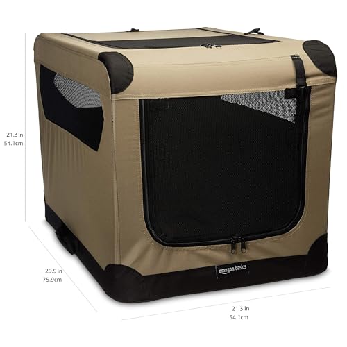 Amazon Basics Portable Folding Soft Dog Crate, Double Door, Collapsible Travel Kennel, Easy to Assemble, Medium, 29.92" x 21.3" x 21.3", Tan